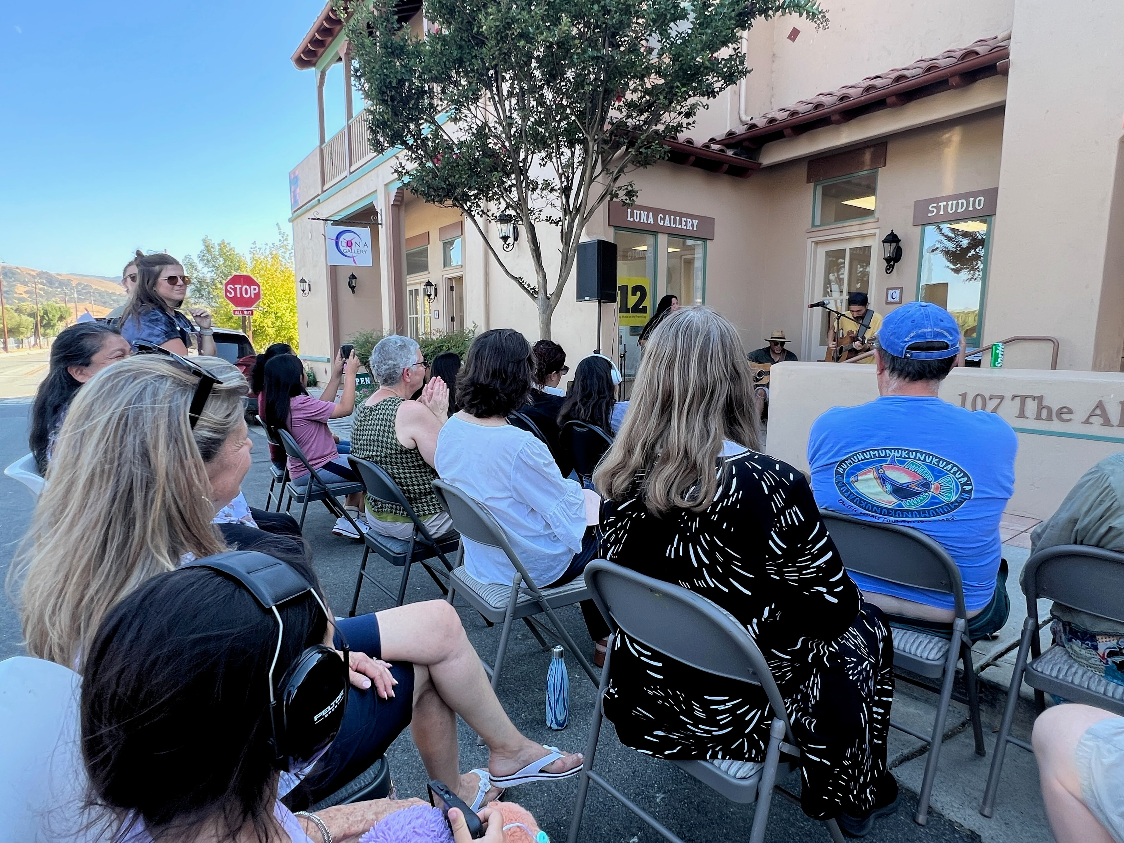 Audience seated outdoors at Luna Gallery performance